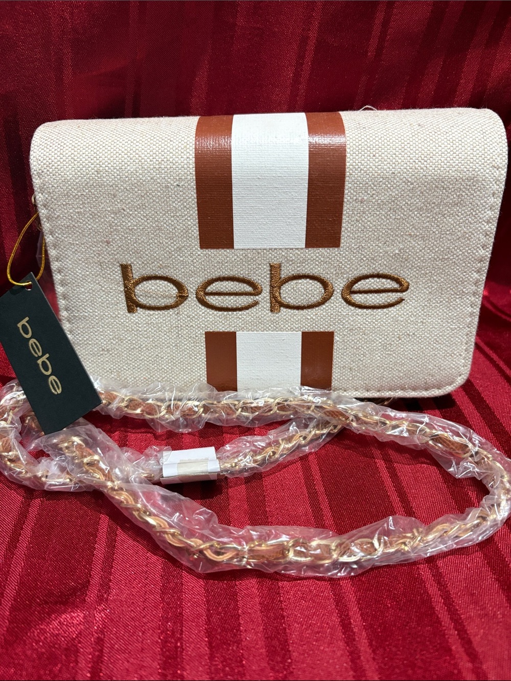 bebe Cream Canvas Crossbody with Brown & White Stripe